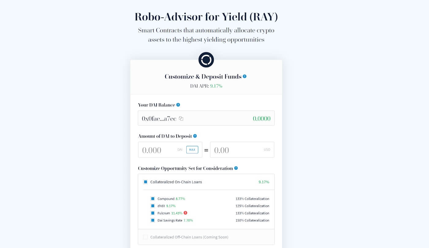 Robo-Advisor for Yield by staked interface with customization options for collateral